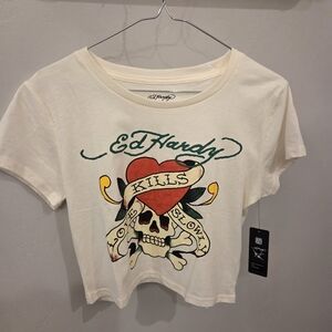 NWT Y2K Ed Hardy Love Kills Skull Tee in Cream and Red